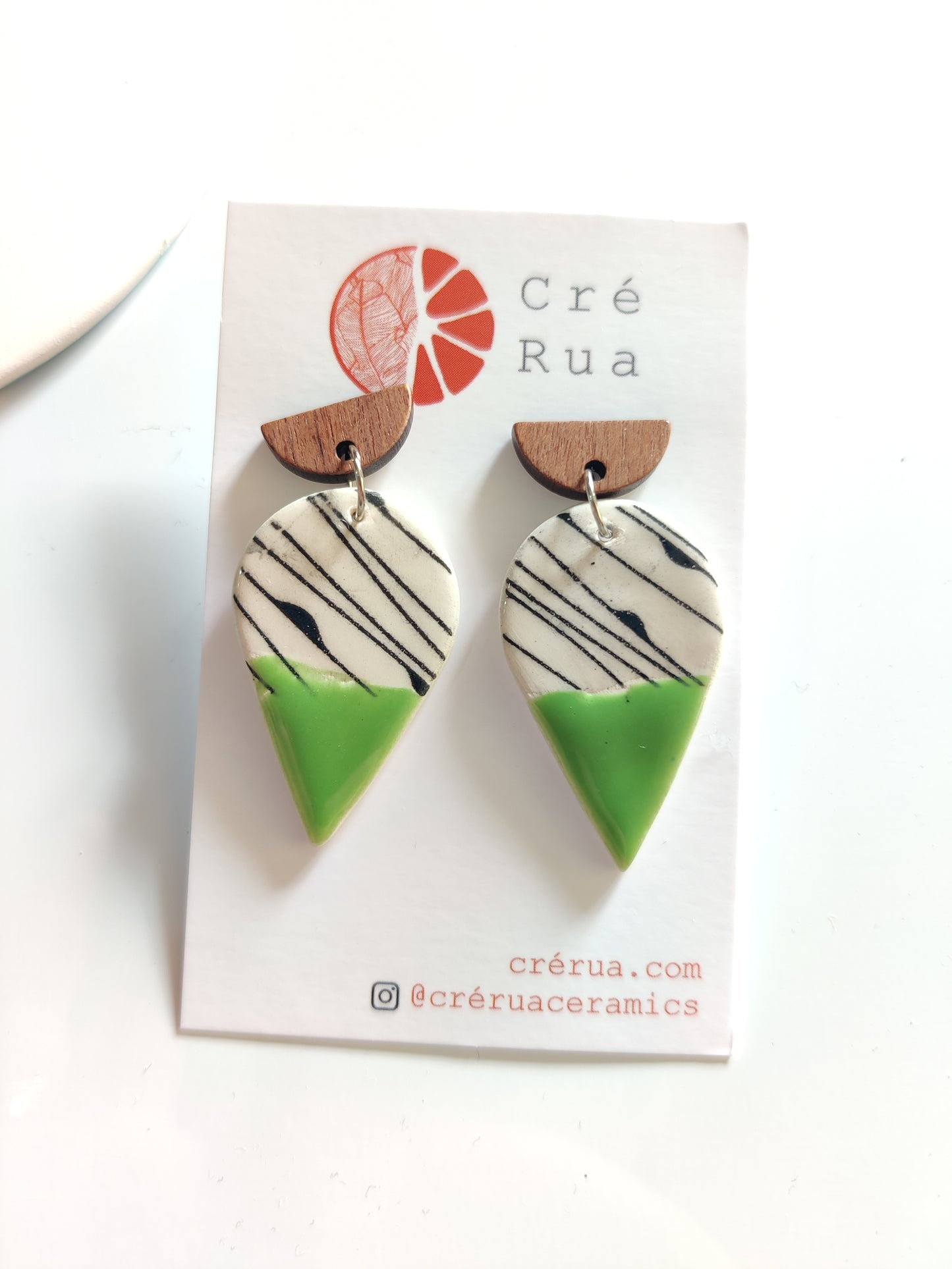 Raindrop Wood & Clay Drop Earring - Lime Green Geo Print