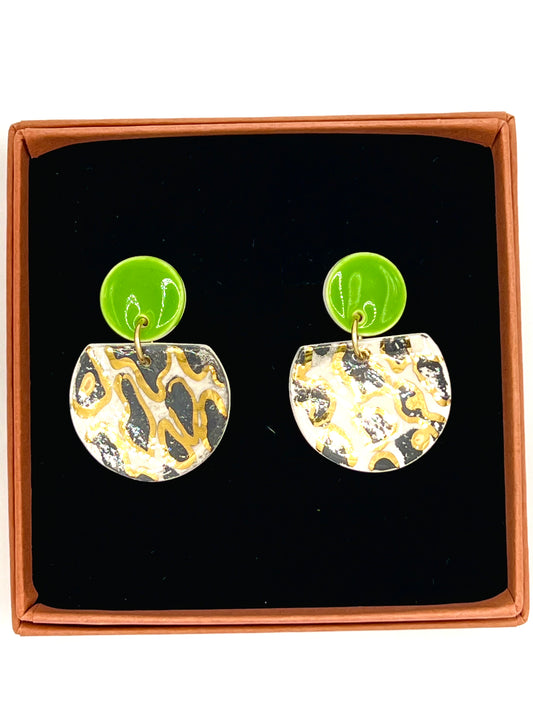 Cré Ór Beag Earring - Black animal print, lime green & 24 Carat Gold