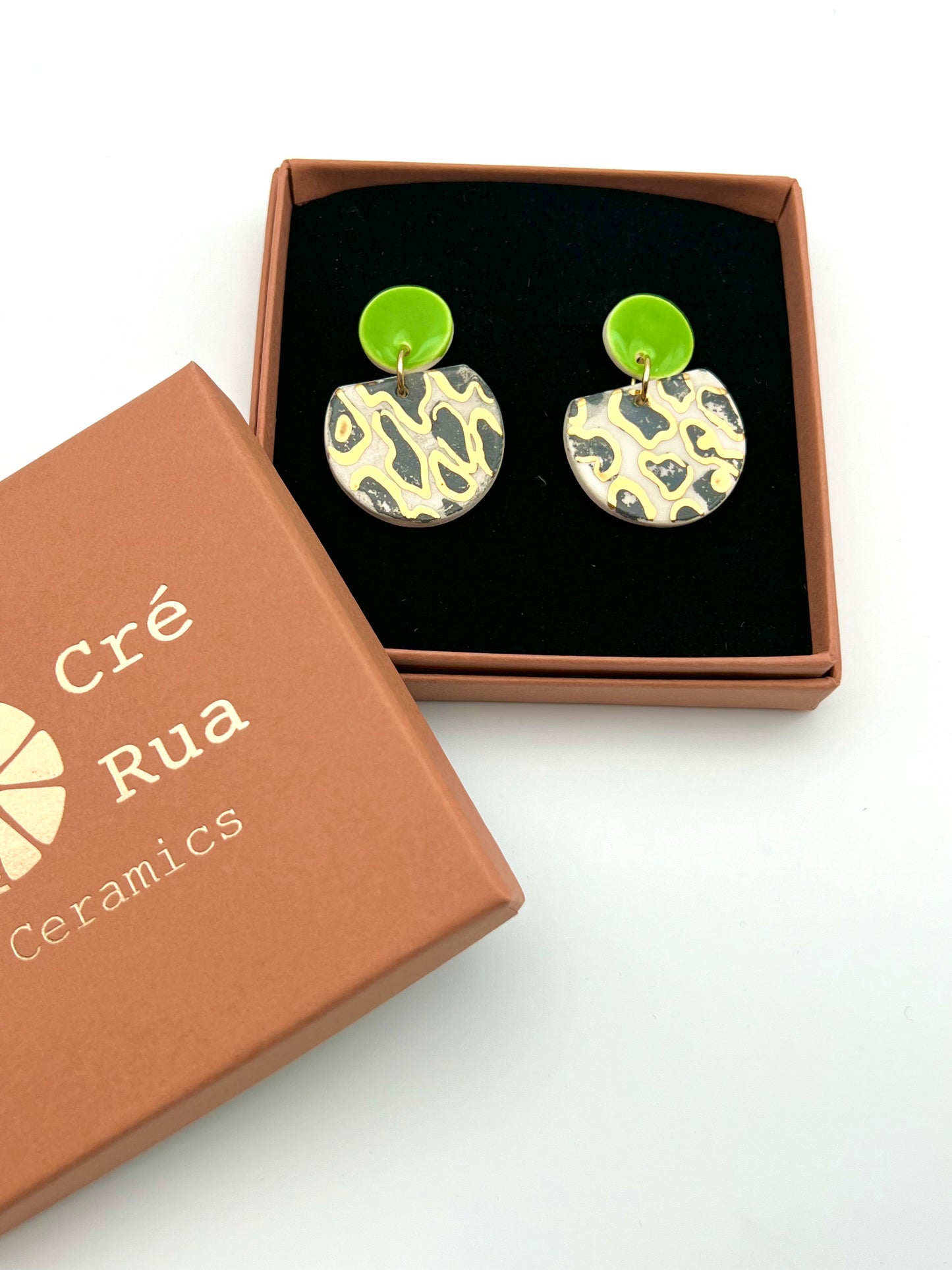 Cré Ór Beag Earring - Black animal print, lime green & 24 Carat Gold