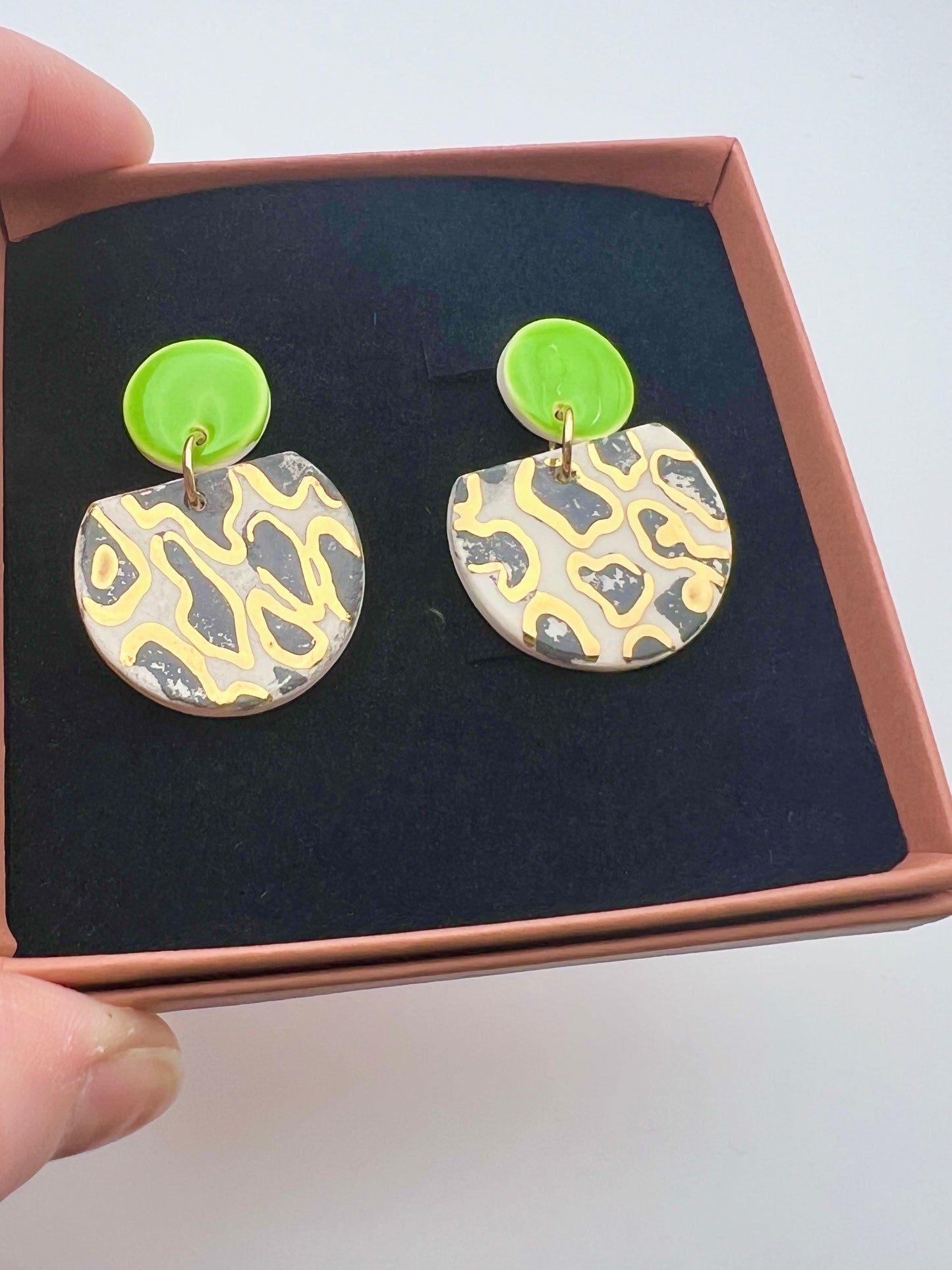 Cré Ór Beag Earring - Black animal print, lime green & 24 Carat Gold