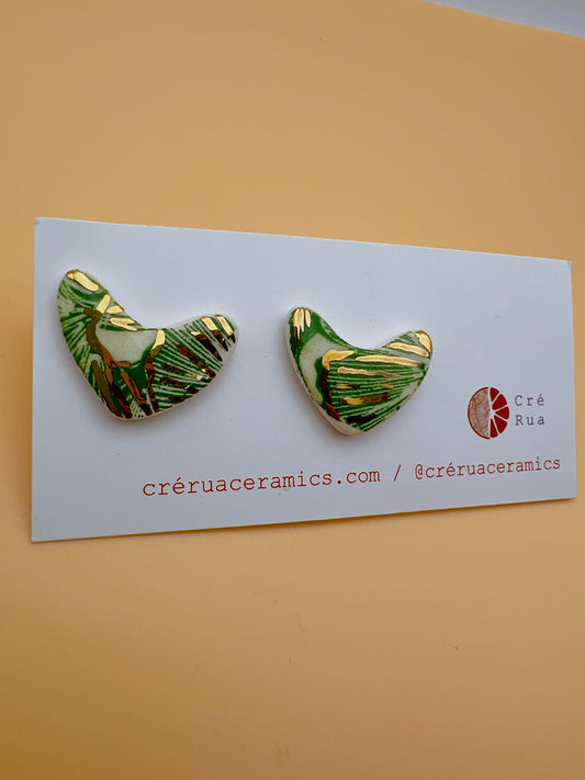 Love Heart Stud - Green Ginko Print & 24 Carat Gold