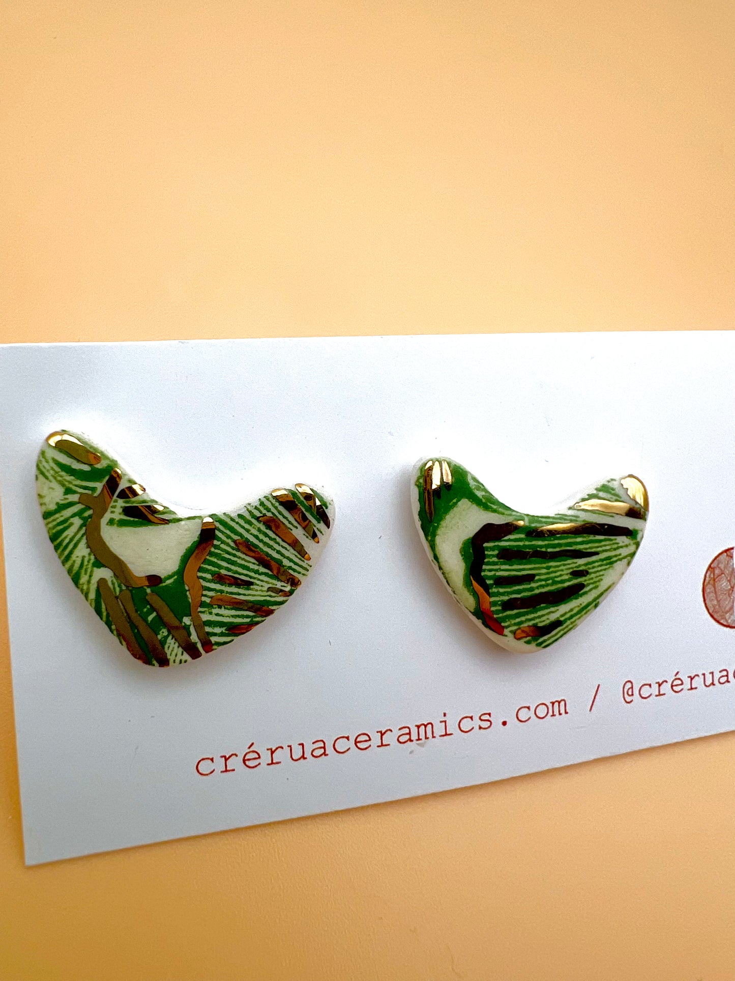 Love Heart Stud - Green Ginko Print & 24 Carat Gold