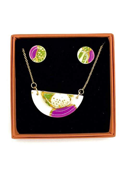 Small Half Moon & Sun Necklace & Mini Stud Earrings set - purple, green leaf print & 24 carat gold