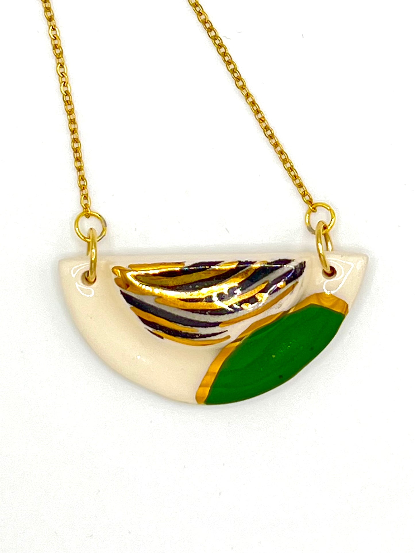 Small Half Moon & Sun Necklace  - Irish Green, black wavy print & 24 carat gold