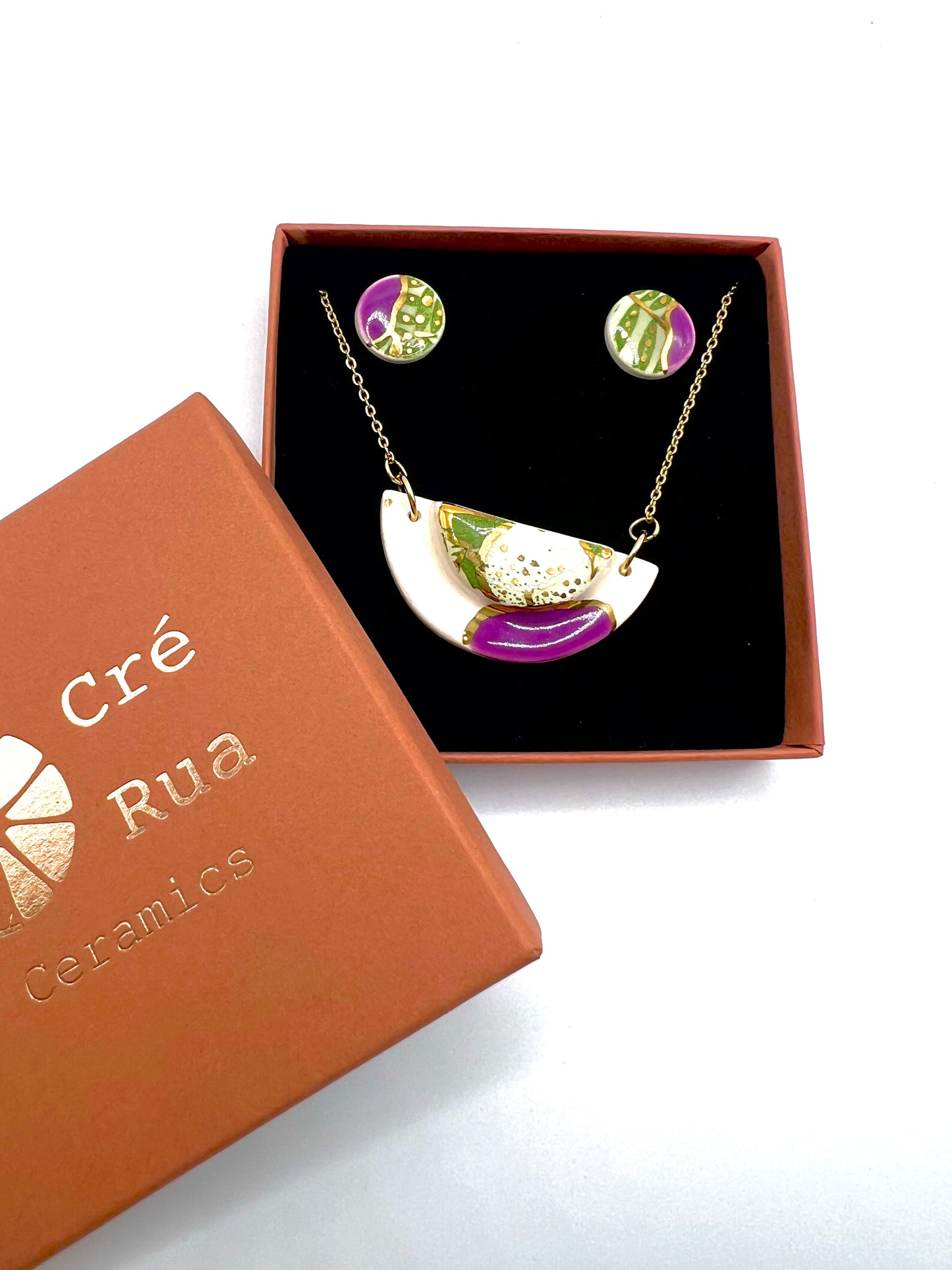 Small Half Moon & Sun Necklace & Mini Stud Earrings set - purple, green leaf print & 24 carat gold