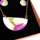 Small Half Moon & Sun Necklace & Mini Stud Earrings set - purple, green leaf print & 24 carat gold