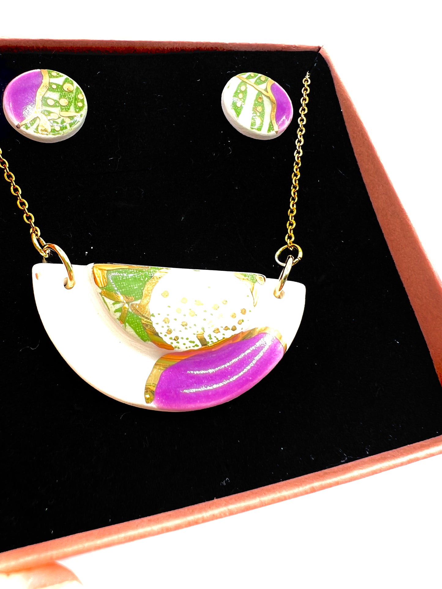 Small Half Moon & Sun Necklace & Mini Stud Earrings set - purple, green leaf print & 24 carat gold