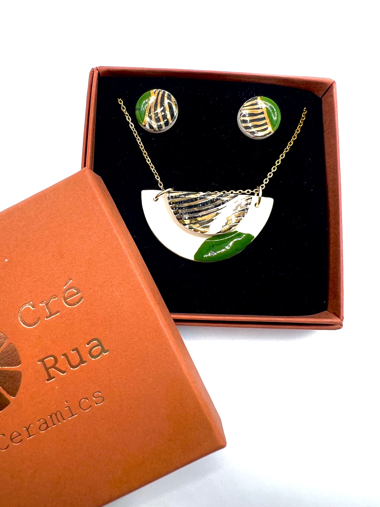 Small Half Moon & Sun Necklace & Mini Stud Earrings set - Irish Green, black wavy print & 24 carat gold