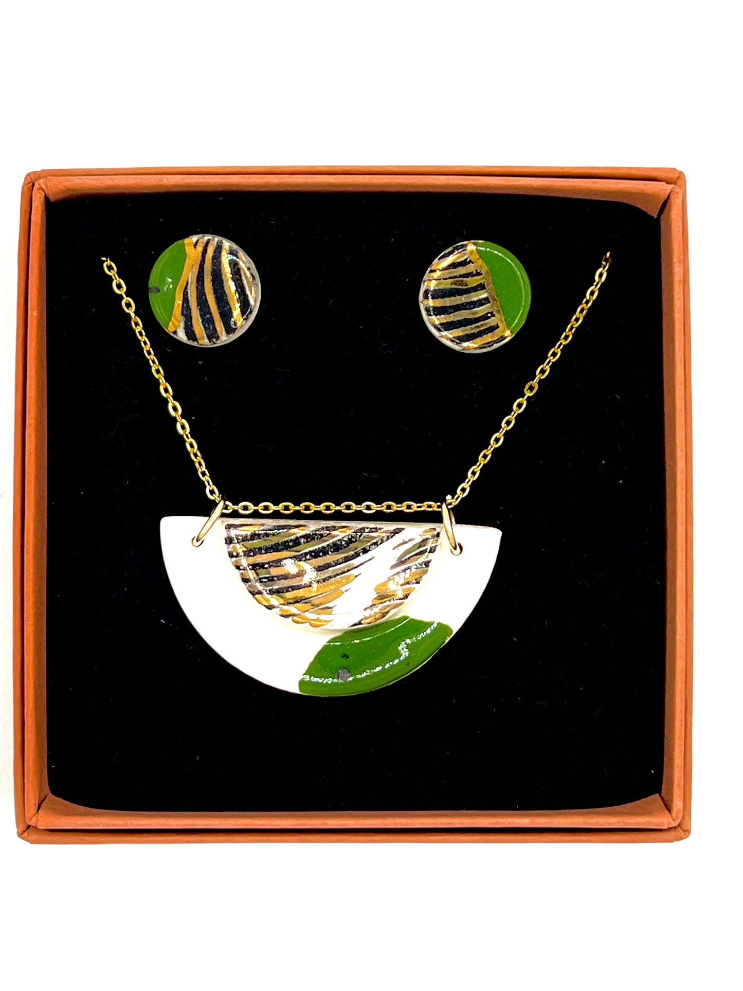 Small Half Moon & Sun Necklace & Mini Stud Earrings set - Irish Green, black wavy print & 24 carat gold