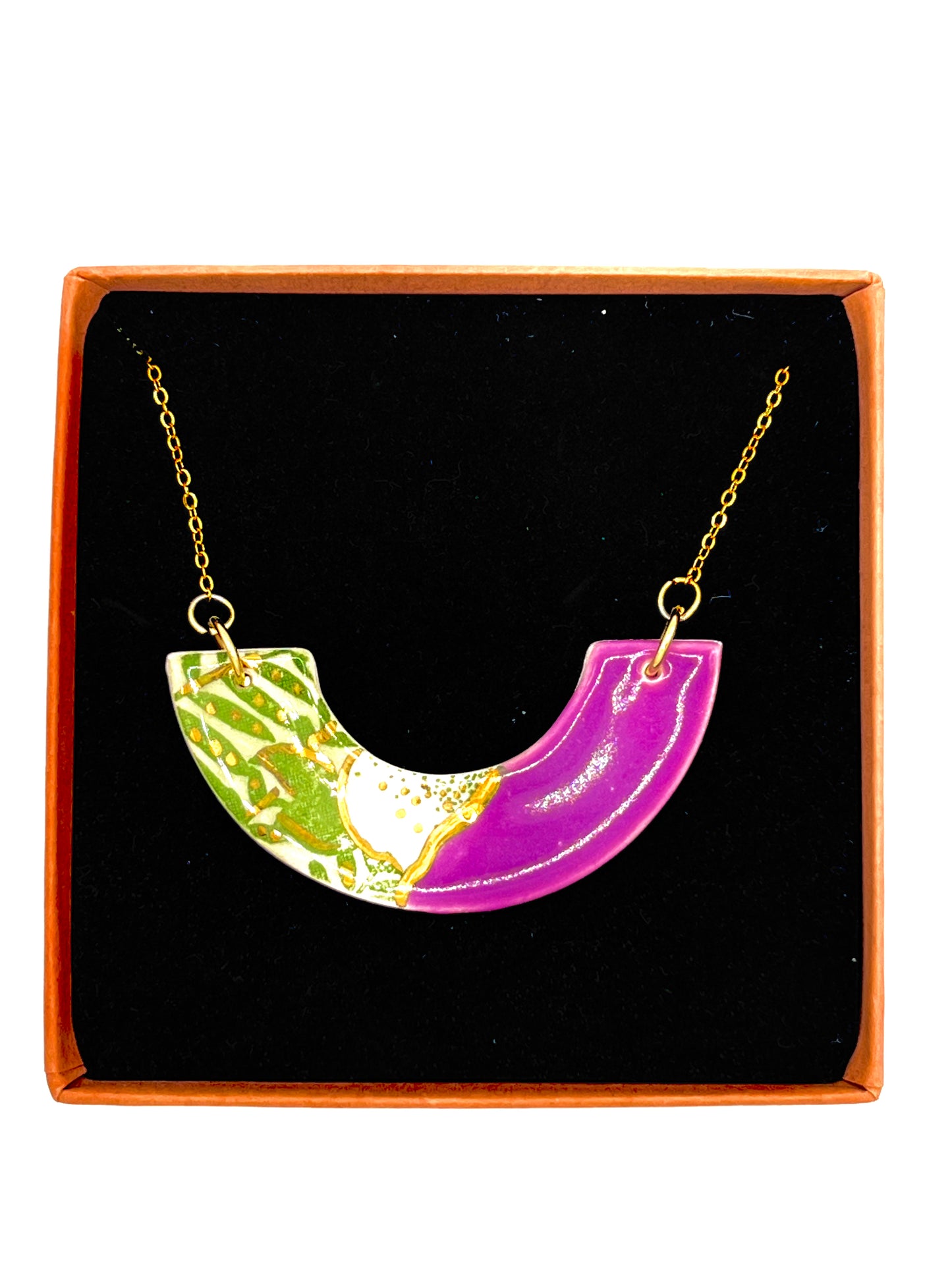 Small Arc Necklace  - Amethyst, green leafy print & 24 carat gold