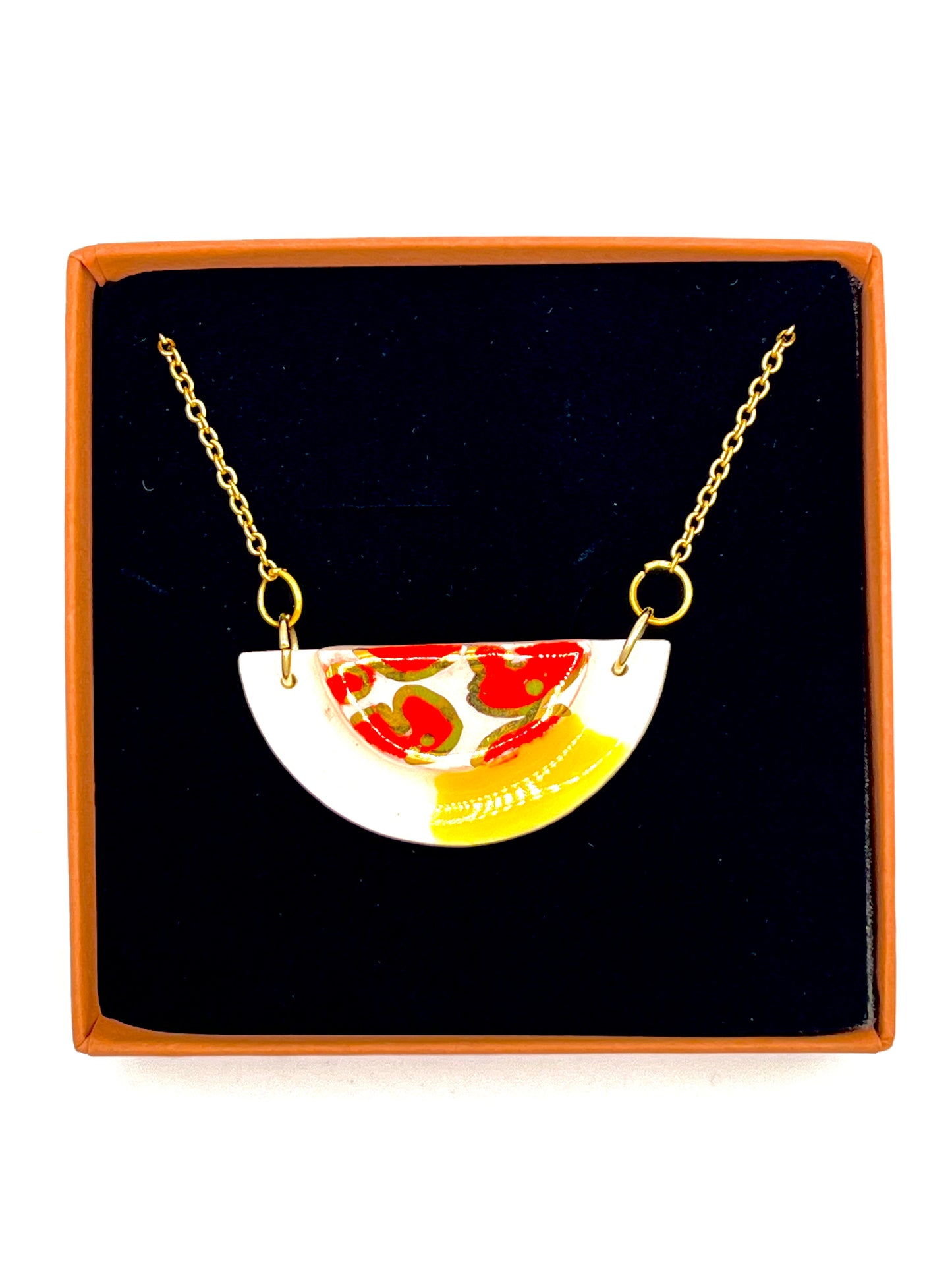 Small Half Moon & Sun Necklace  - Red animal print, canary yellow & 24 carat gold