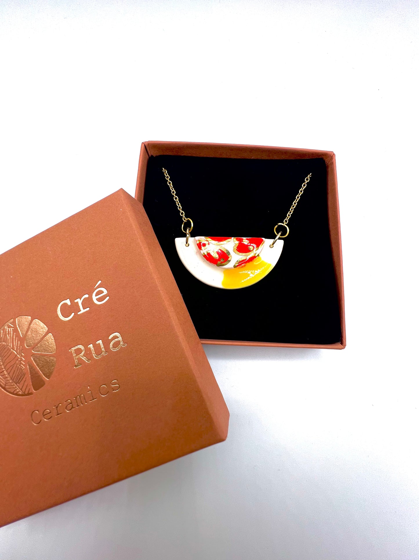 Small Half Moon & Sun Necklace  - Red animal print, canary yellow & 24 carat gold