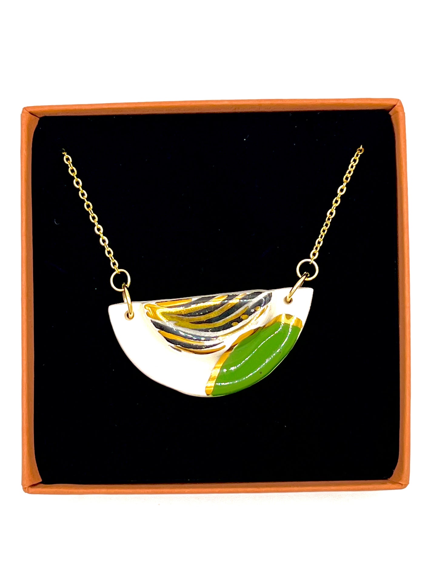 Small Half Moon & Sun Necklace  - Irish Green, black wavy print & 24 carat gold