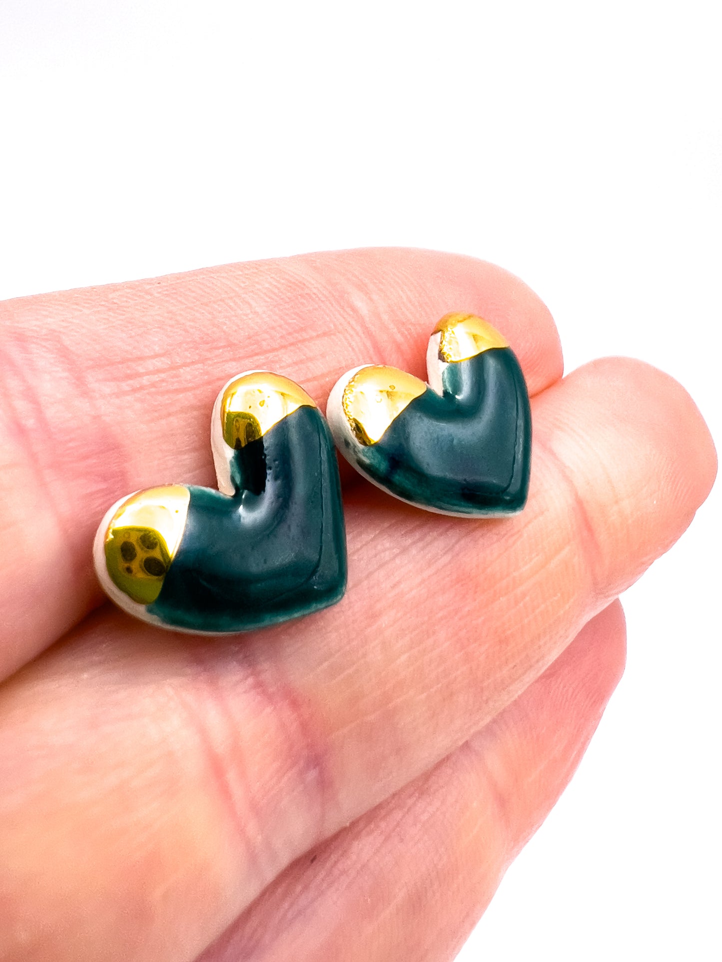 Mini Stud Heart - Deep Sea Green & 24 carat Gold Lustre