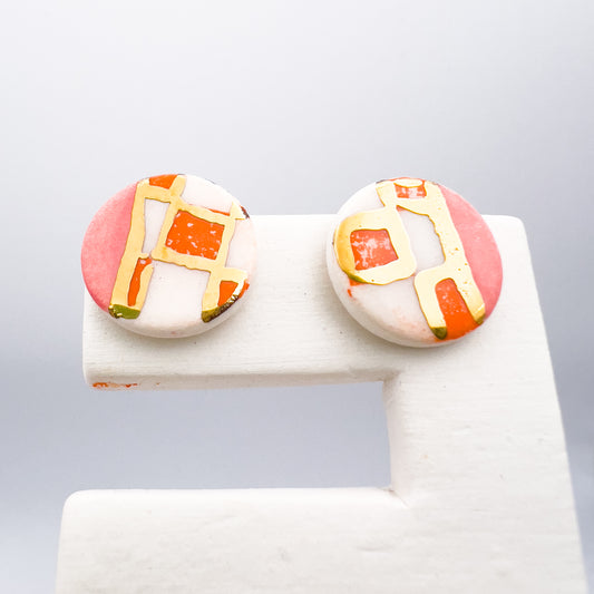 Mini stud- Orange checker print, 24 carat Gold Lustre & pink