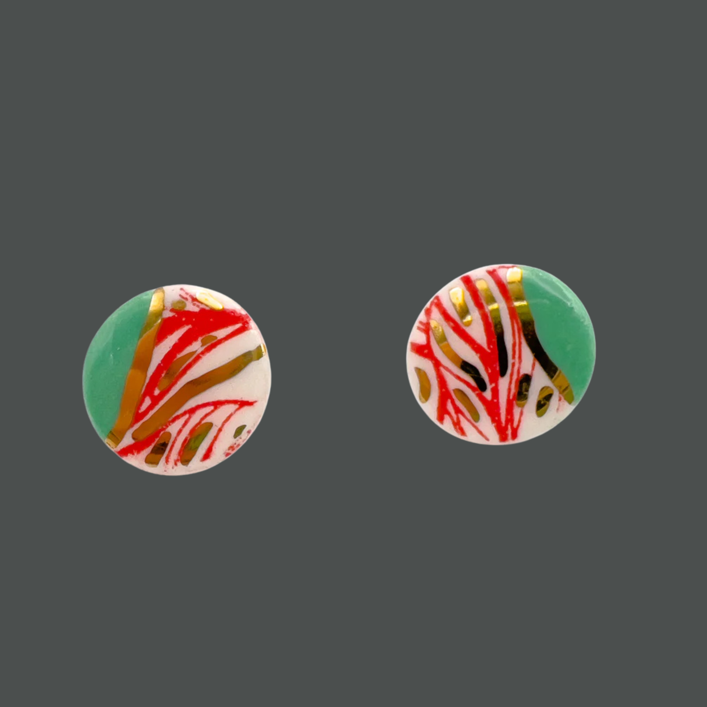 Mini Stud  - Red print, mint green & 24 carat Gold Lustre