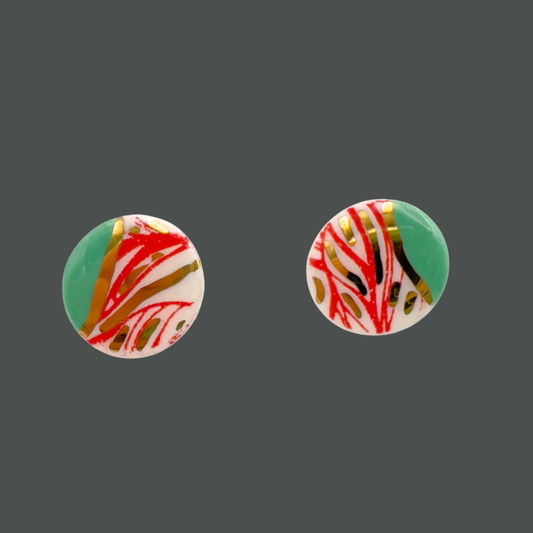 Mini Stud  - Red print, mint green & 24 carat Gold Lustre