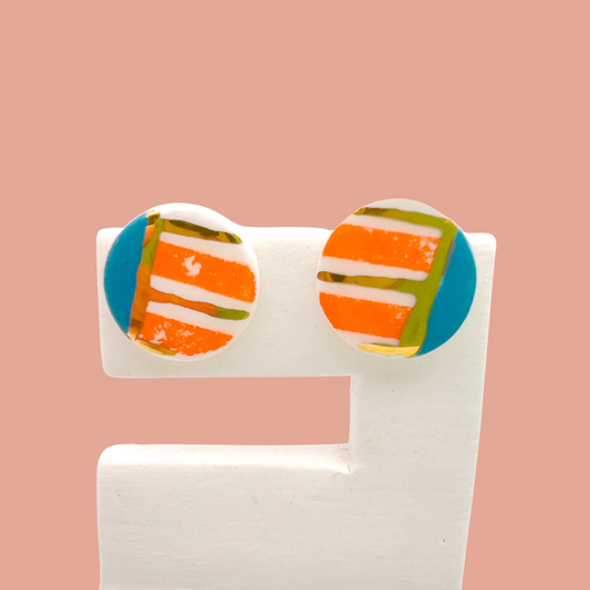 Mini Stud  - Orange stripe, blue & 24 carat Gold Lustre