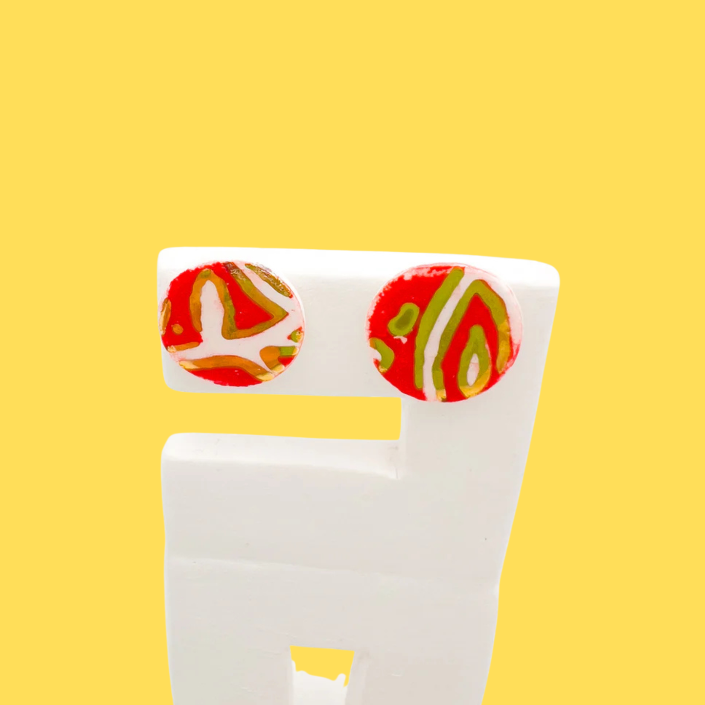 Mini Stud  - Festive Red Print & 24 carat Gold lustre