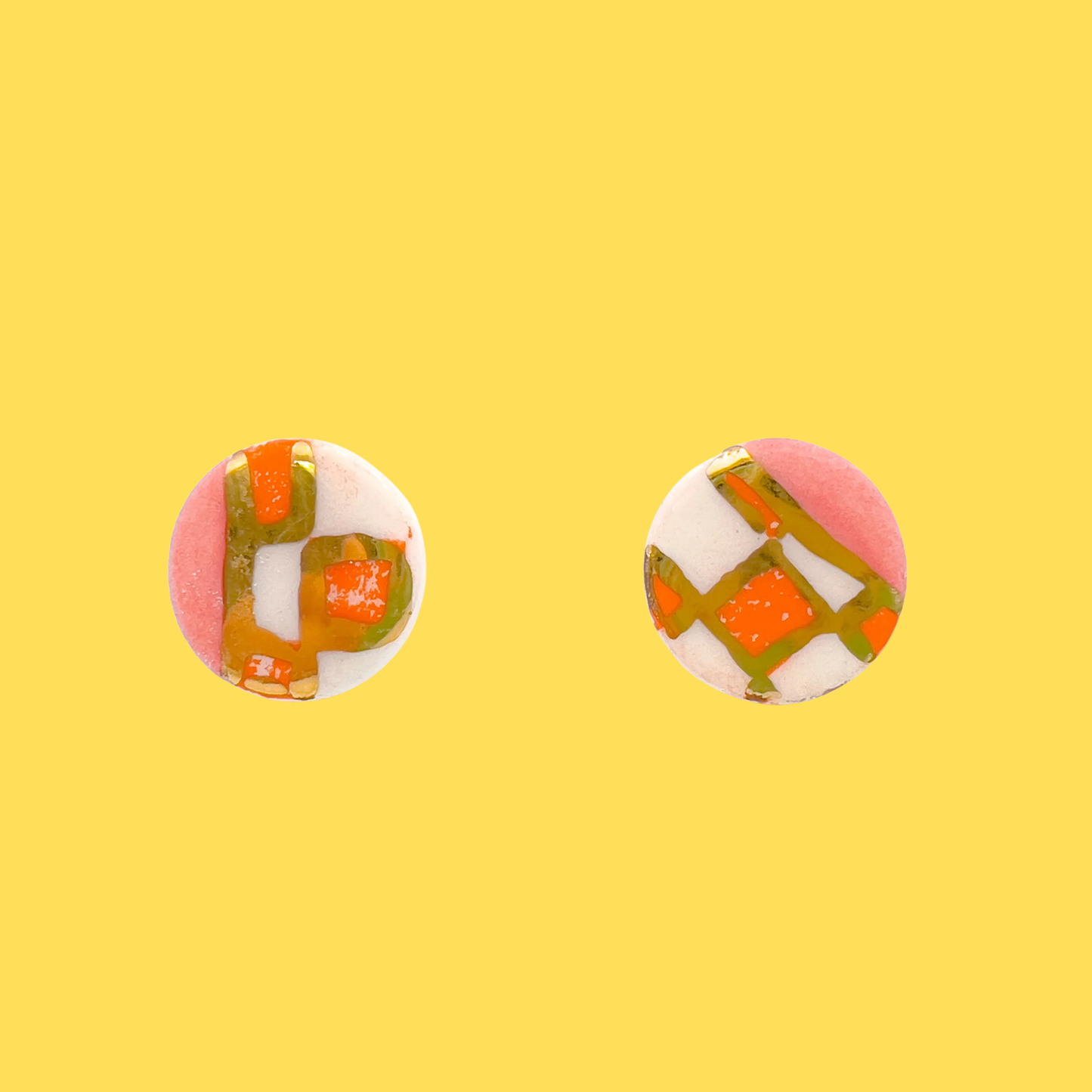 Mini stud- Orange checker print, 24 carat Gold Lustre & pink