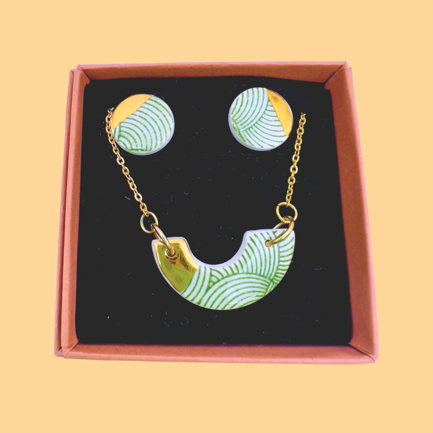 Gift Set - Mini Arc Necklace & Mini Stud Earrings. Green Spiral Print & 24 carat gold