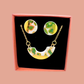Gift Set - Mini Arc Necklace & Mini Stud Earrings. Canary Yellow, Green Animal Print & 24 carat gold