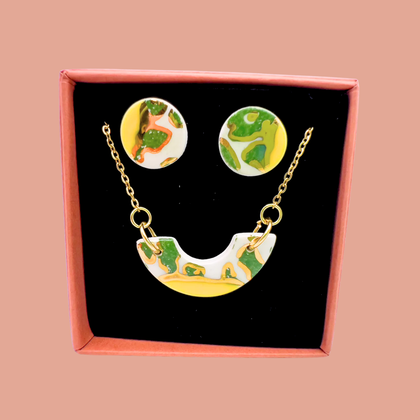 Gift Set - Mini Arc Necklace & Mini Stud Earrings. Canary Yellow, Green Animal Print & 24 carat gold