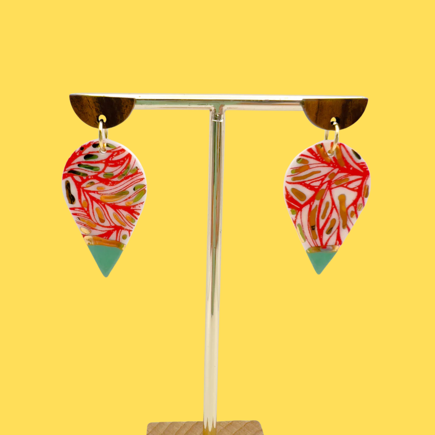 Wooden Rain Drop Earring- Minty Green, Red Print & 24 Carat Gold