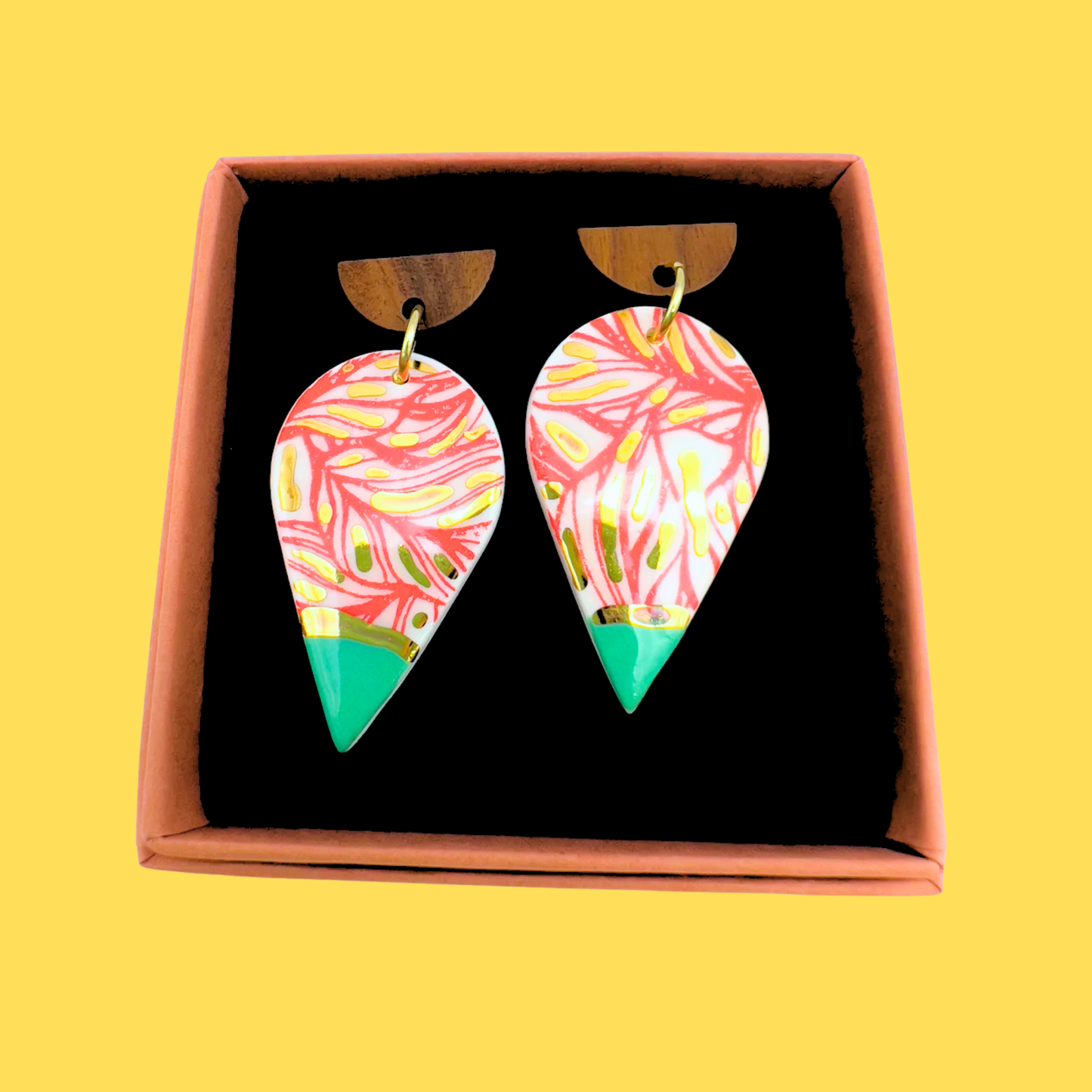 Wooden Rain Drop Earring- Minty Green, Red Print & 24 Carat Gold