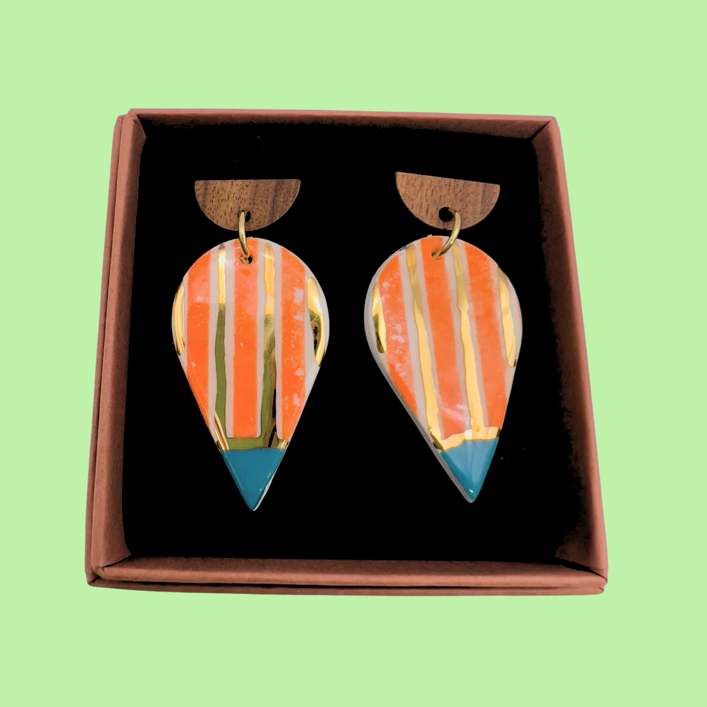 Wooden Rain Drop Earring- Orange Stripe, Blue & 24 Carat Gold
