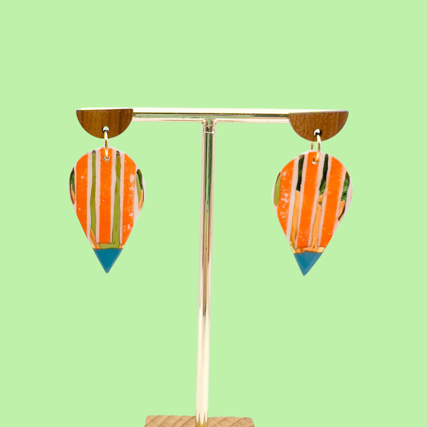 Wooden Rain Drop Earring- Orange Stripe, Blue & 24 Carat Gold