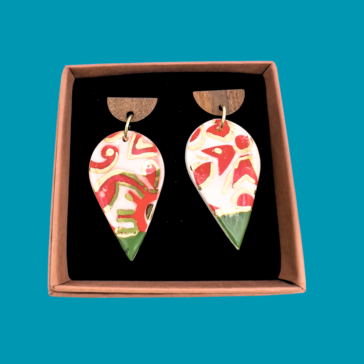 Wooden Rain Drop Earring- Irish Green, Red Print & 24 Carat Gold
