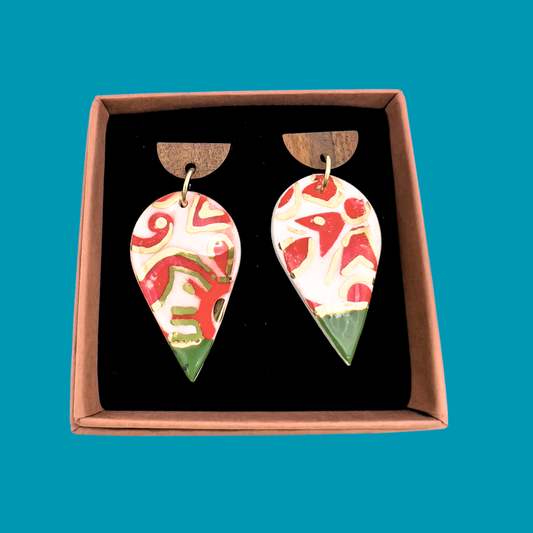 Wooden Rain Drop Earring- Irish Green, Red Print & 24 Carat Gold