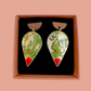 Wooden Rain Drop Earring- Red, Green Gingko & 24 Carat Gold