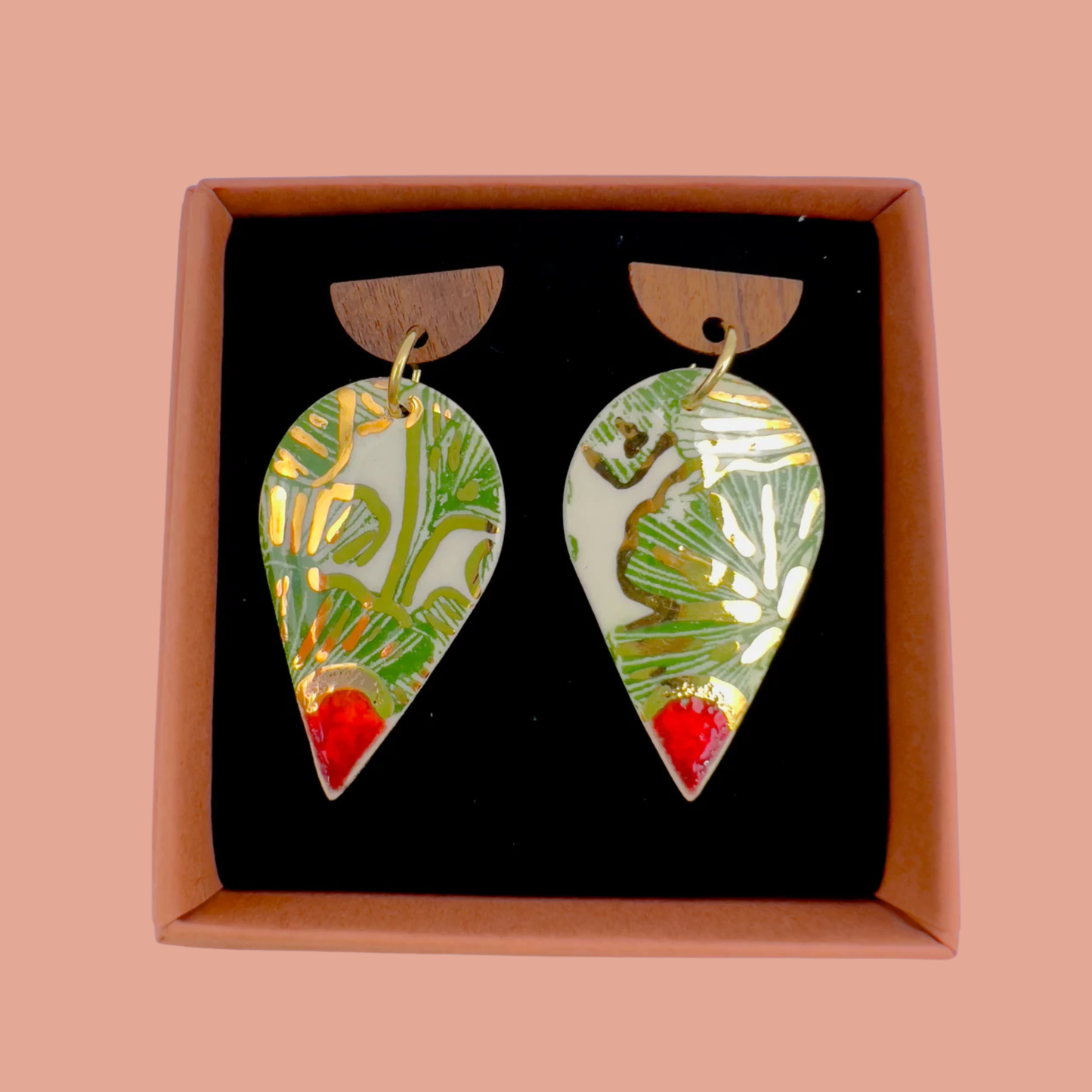 Wooden Rain Drop Earring- Red, Green Gingko & 24 Carat Gold