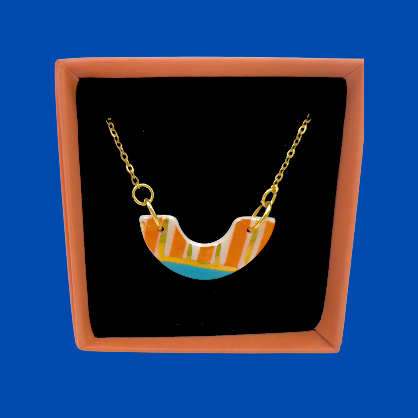 Mini Arc Necklace  - Orange Stripe, Blue & 24 carat gold