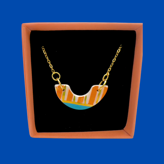 Mini Arc Necklace  - Orange Stripe, Blue & 24 carat gold