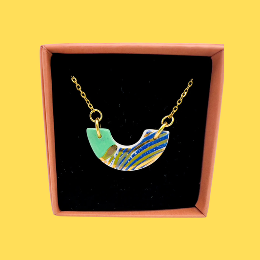 Mini Arc Necklace  - Minty Green, Navy wavy print, Red & 24 carat gold