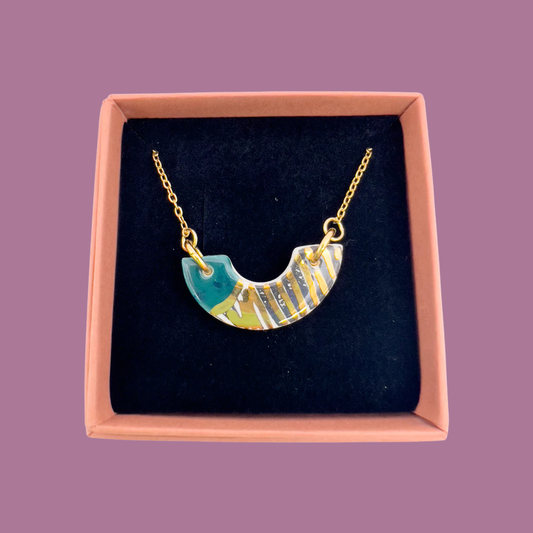 Mini Arc Necklace  - Deep Sea Green, Black print, Red & 24 carat gold