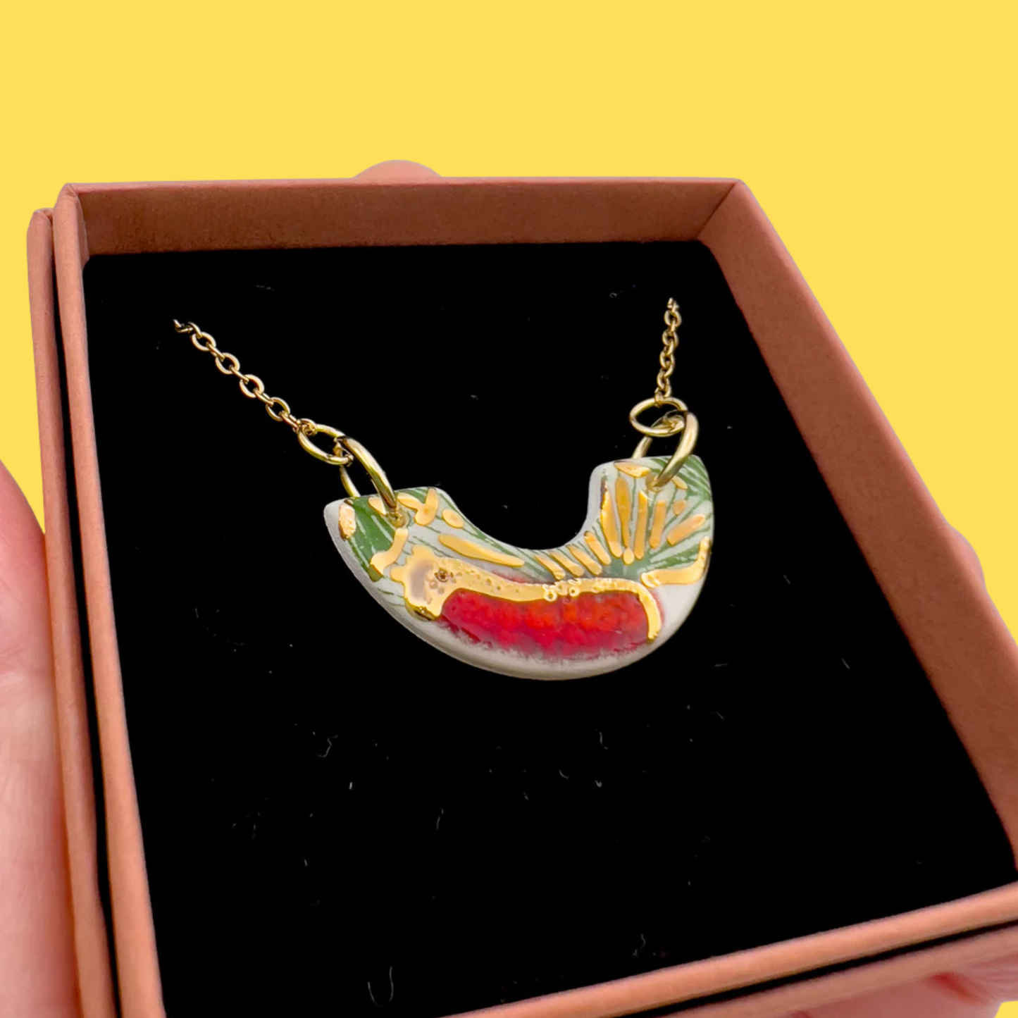 Mini Arc Necklace  - Green Gingko print, Red & 24 carat gold