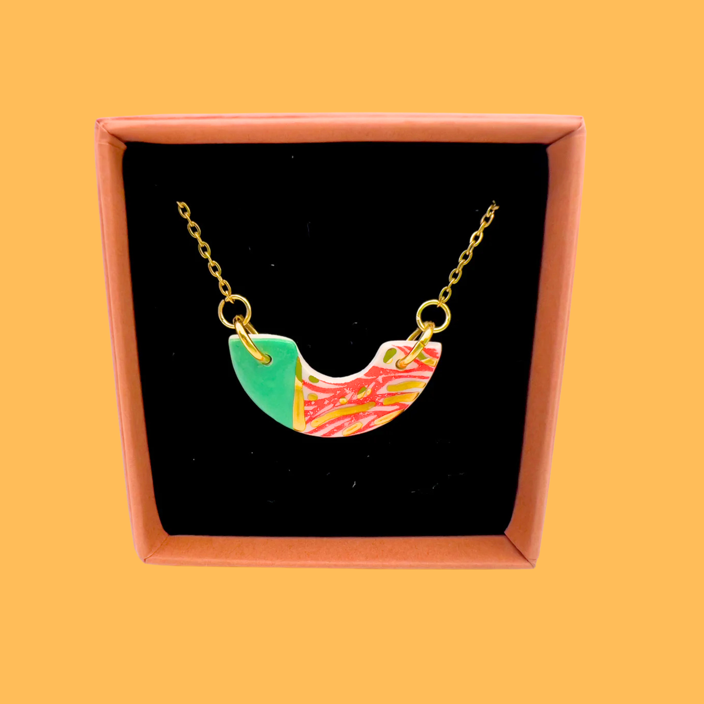 Mini Arc Necklace  - Minty Green, Red print, yellow & 24 carat gold
