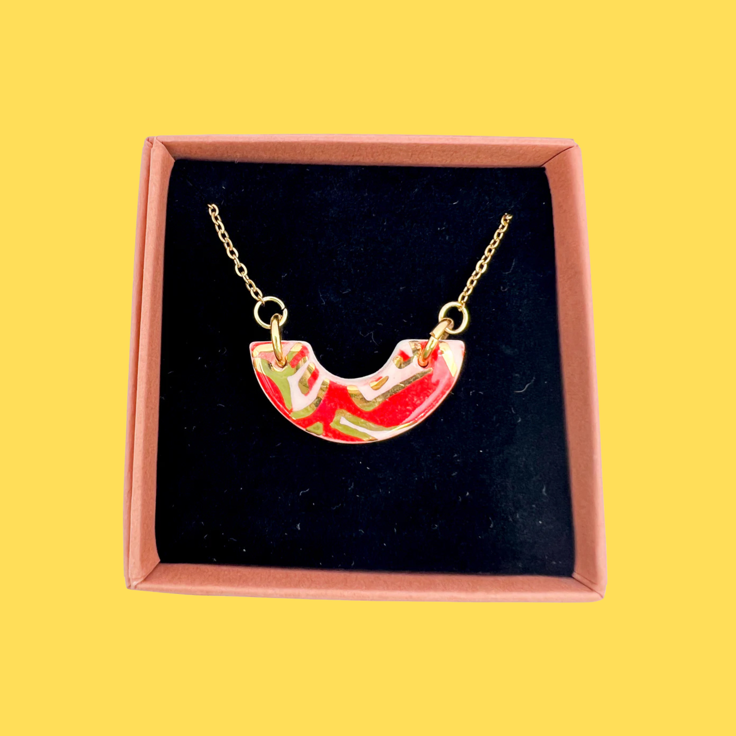 Mini Arc Necklace  - Red festive print & 24 carat gold