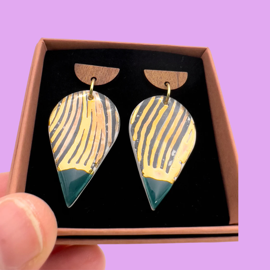 Wooden Rain Drop Earring - Black Wavy Print, Sea Green & 24 carat gold lustre