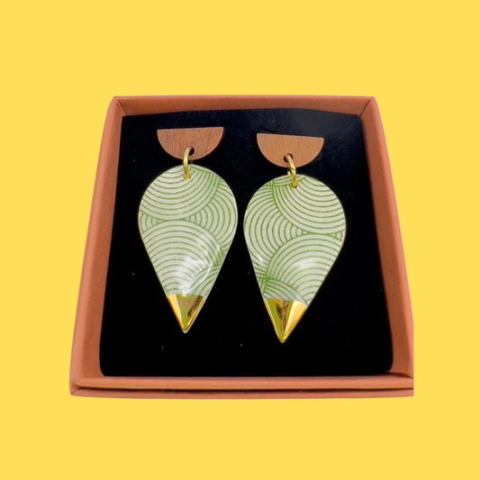 Wooden Rain Drop Earring - Green Spiral Print & 24 Carat Gold