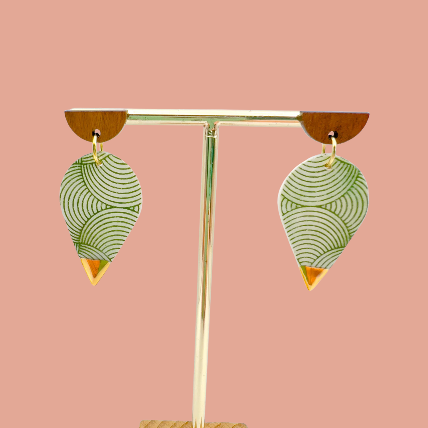 Wooden Rain Drop Earring - Green Spiral Print & 24 Carat Gold